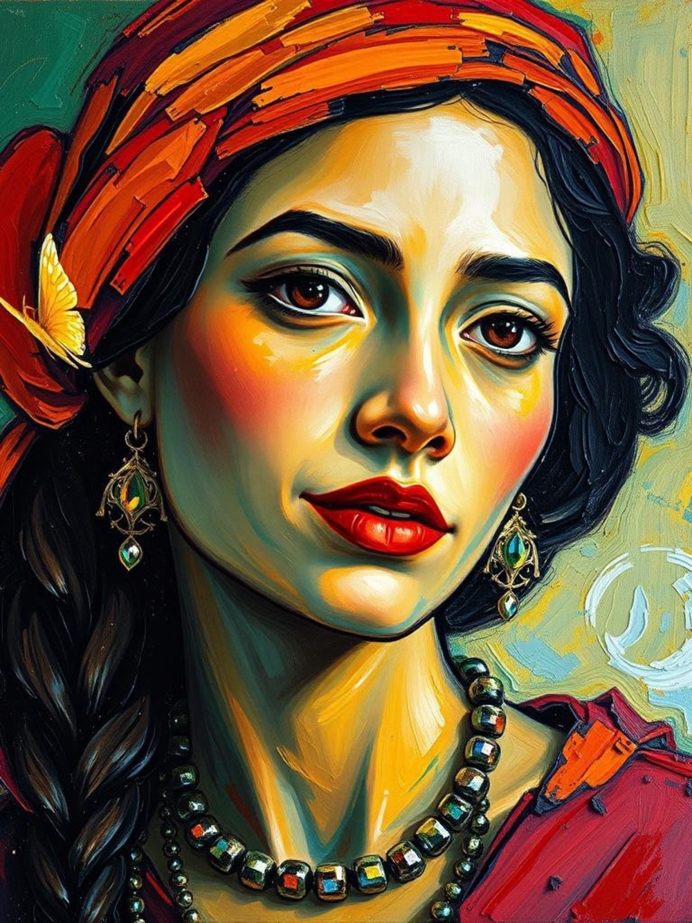 Vibrant Portrait Painting Wall Art - Red & Green